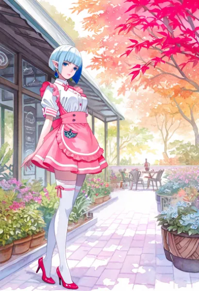 秋のカフェで待つ青髪のメイド