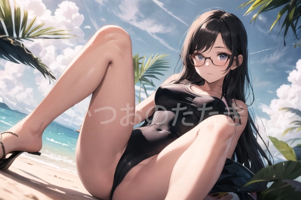 黒髪ロング眼鏡　水着