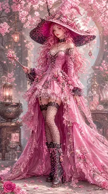 桜の庭で咲くピンクの魔女