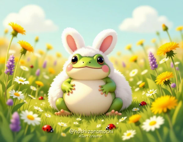 お花畑で昼寝する、もふもふ耳ガマ / A fluffy bunny-eared frog taking a nap in a flower field