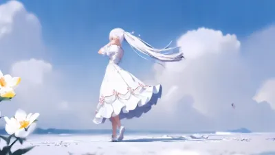 (動画)白い砂浜にたたずむ白き少女、そして白き花