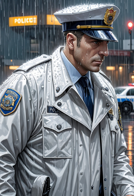 お題：雨（白いレインコートを着た警官）