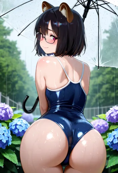 梅雨と傘とスク水おしりと