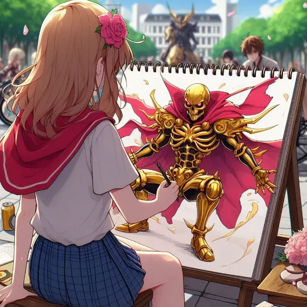 黄金の骸骨のヒーローを広場で描いている女の子