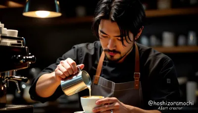 静謐な長髪男性店員の芸術的瞬間 - A serene artistic moment of a long-haired male store clerk