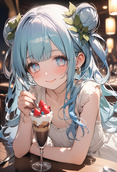 ミントの乗ったチョコパフェを食べるチョコミント少女