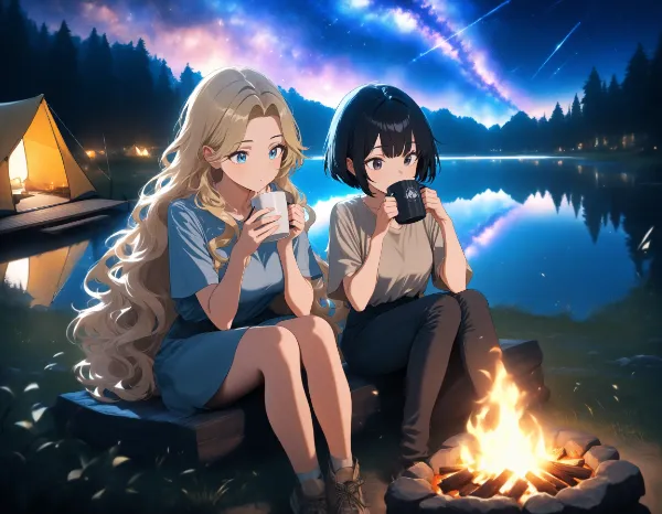 黒髪＆ブロンド・湖畔でキャンプ