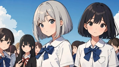 銀髪ボブちゃんと黒髪ボブちゃんの学生服姿