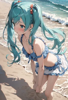 朝日に照らされた波打ち際のミク