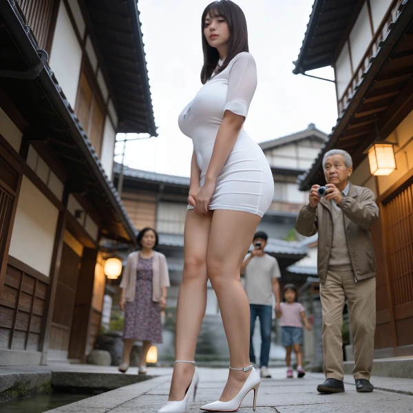 温泉街歩きでおじいちゃんに写真をねだられるOLさん