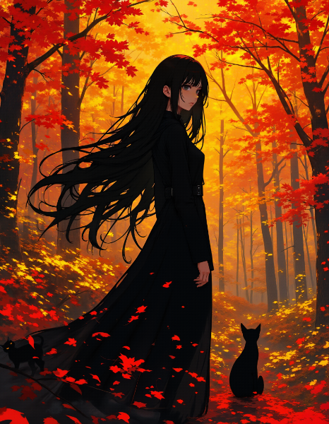 紅葉と黒髪女性