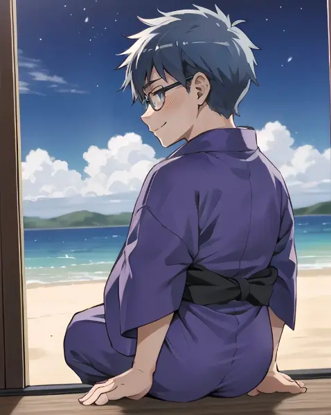 縁側と海と浴衣