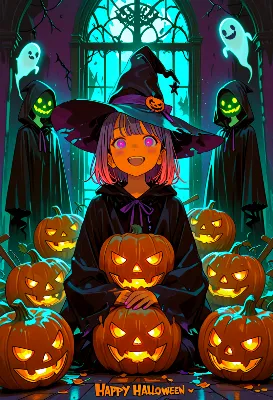 カボチャに囲まれた笑顔の小さな魔女