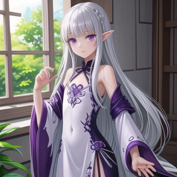 窓辺に佇む銀髪のエルフの王女フィーナ