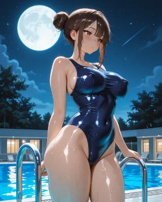 夜のプールで