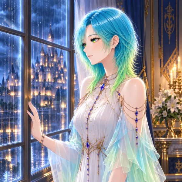 雨の夜、城から眺める少女