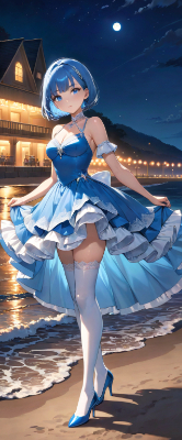 夜のビーチの青髪さん