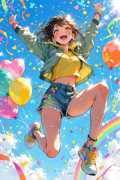 虹の下で舞う、祝福のカラフルジャンプ