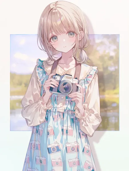 カメラ少女の湖畔での秘密の撮影。