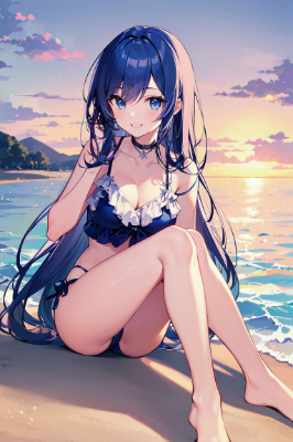 夕焼けの海で