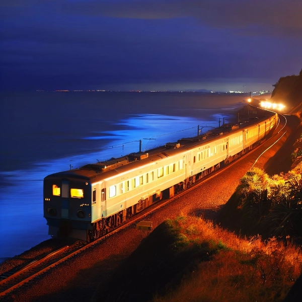 秋の夜の海岸を走る寝台列車