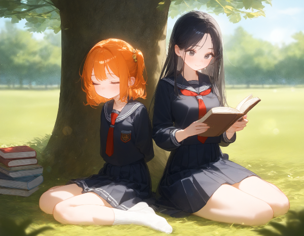 いくらと花音・校庭の木陰で読書