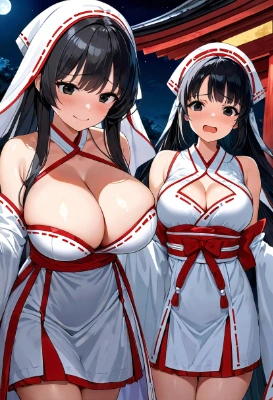 恥じらう美人巫女2人組