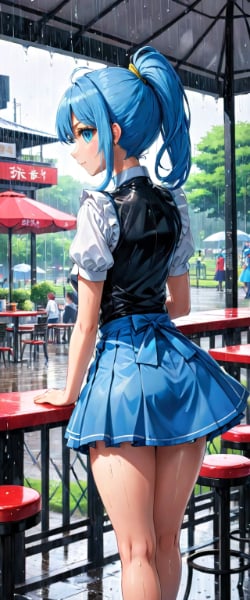 雨の中の青髪ウエイトレスさん