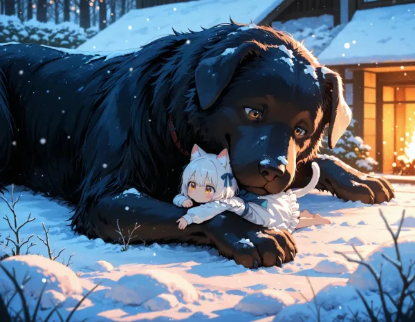 白猫と黒犬・雪の日