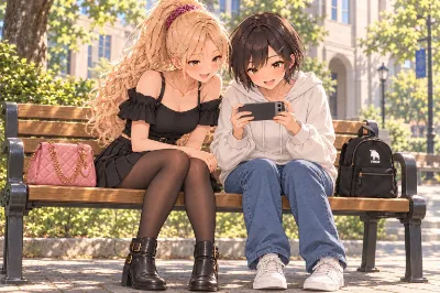 ベンチでスマホに夢中の二人