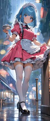 雨の中の青髪ウエイトレスさん