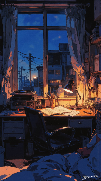 夜明け前の勉強机／スマホ壁紙アーカイブ