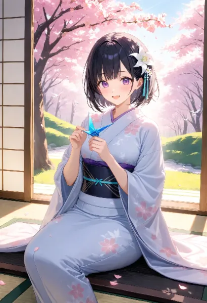 着物で折り紙をするひまり