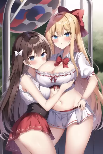 金髪リボンちゃんの巨乳にほっぺをあてる黒髪ちゃん