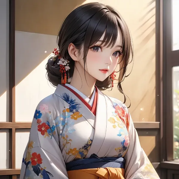 朝陽に輝く着物少女