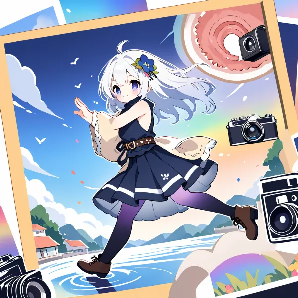 水辺で踊るカメラ少女　ななめ