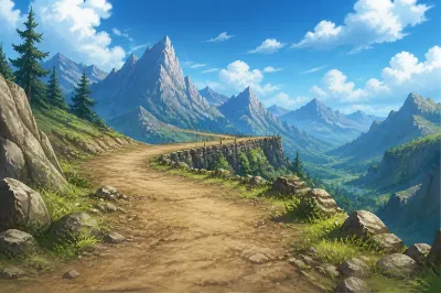 AIの餌を手描きした上で生成した画像　山の冒険の旅路