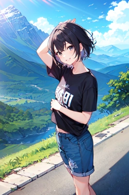 山々と少女
