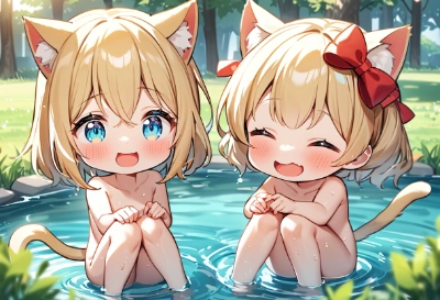 水たまりで遊んでいる子猫ちゃん達