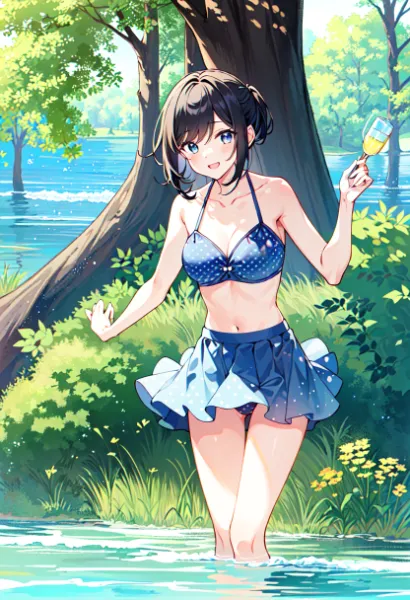 夏の静かな湖と水着の少女