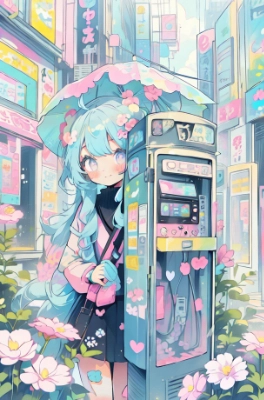 公衆電話と花と女の子
