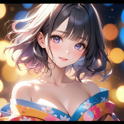 夜の光に輝く浴衣少女
