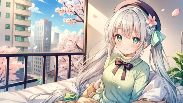 桜舞うバルコニーで待つ少女の午後