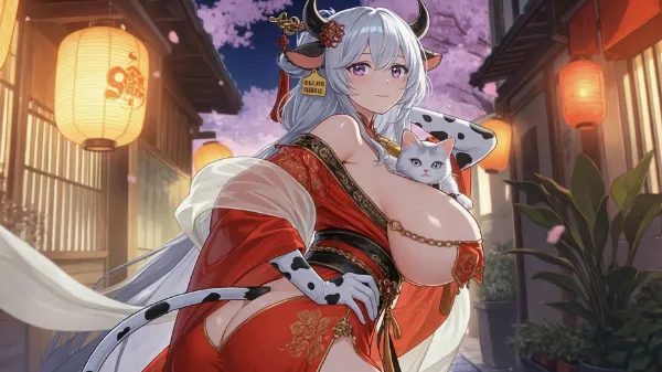 夜桜を堪能する牛柄さん