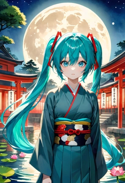 満月の夜と蓮の花