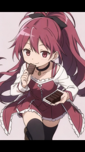 チョコを食べる佐倉杏子(AIイラスト)