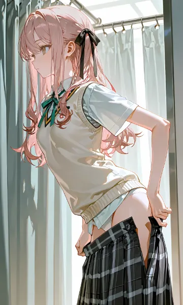 桃色髪ロング　脱衣