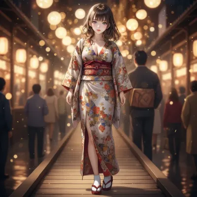 灯火に照らされた花の着物