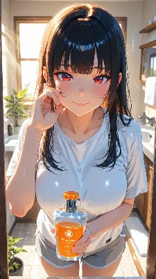 シャワーの後の輝く朝の微笑み