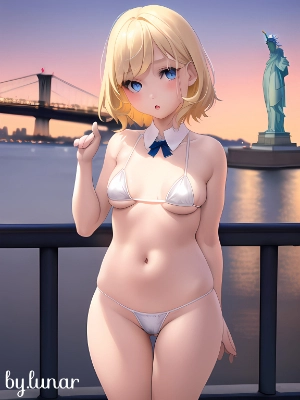 ニューヨークの水辺に佇む美少女